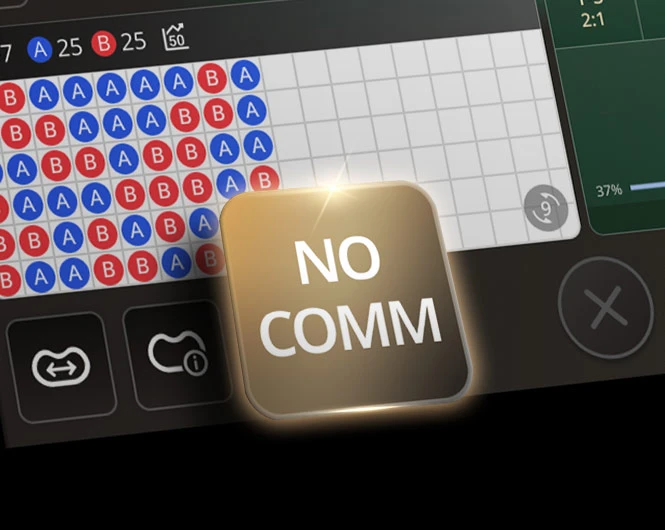 Close-up view of an online Andar Bahar game interface, featuring a betting grid with red and blue markings. A highlighted button in the center reads 'NO COMM' against a glowing background, indicating a feature in the game.